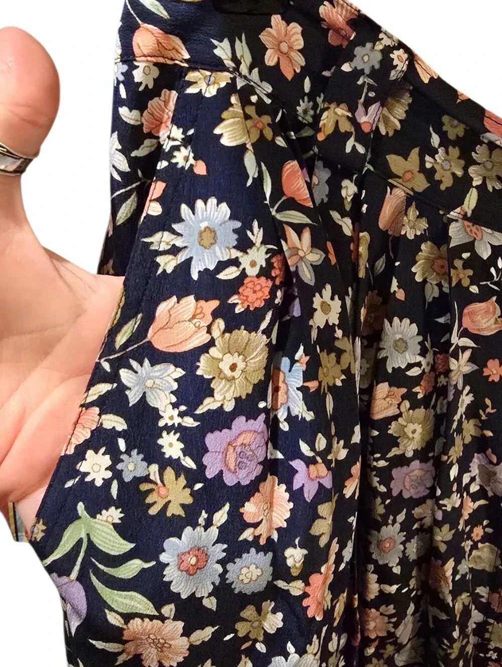 Vintage Lucky Italy Vintage Floral Button Front Pleated Silk Midi Skirt Navy L